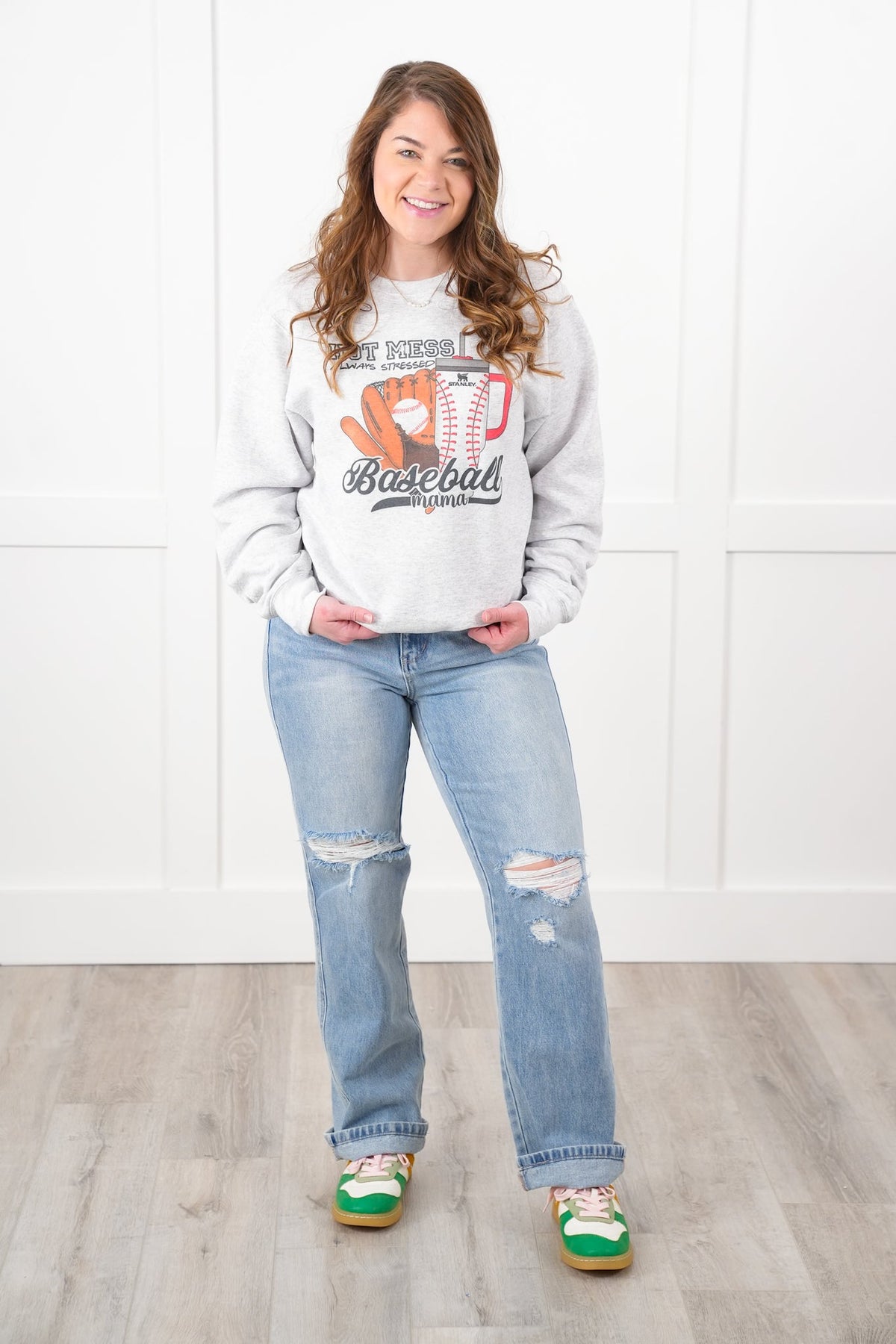 Plus/Reg Long Sleeve Hot Mess Baseball Mama Graphic Sweatshirt - Freckled Poppy