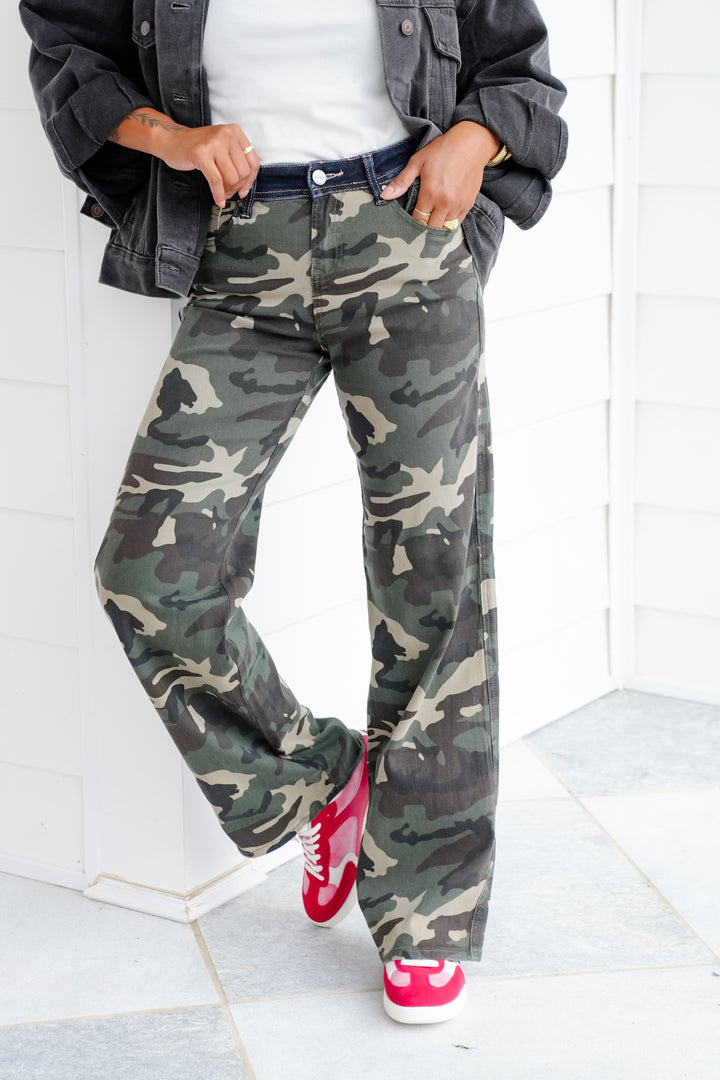 Risen Mid Rise Camo Wide Straight Leg Pants - Freckled Poppy