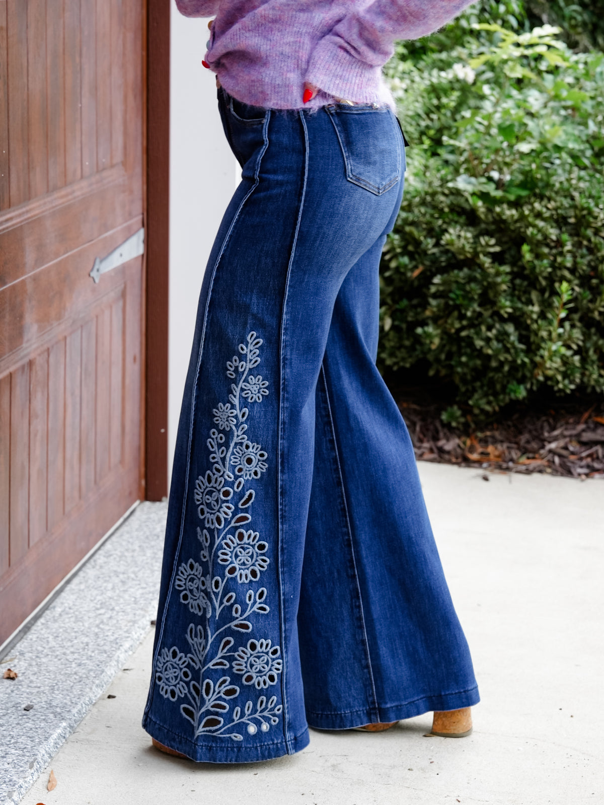 Saige High Rise Medium Wash Tummy Control Wide Leg Jeans With Eyelet Embroidery