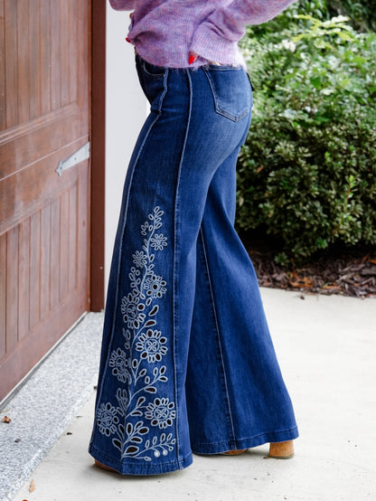 Saige High Rise Medium Wash Tummy Control Wide Leg Jeans With Eyelet Embroidery