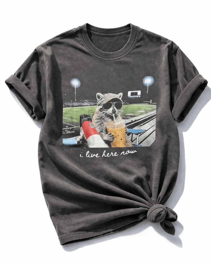 Plus/Reg Short Sleeve "I Live Here Now Raccoon" Football Graphic Tee - Freckled Poppy