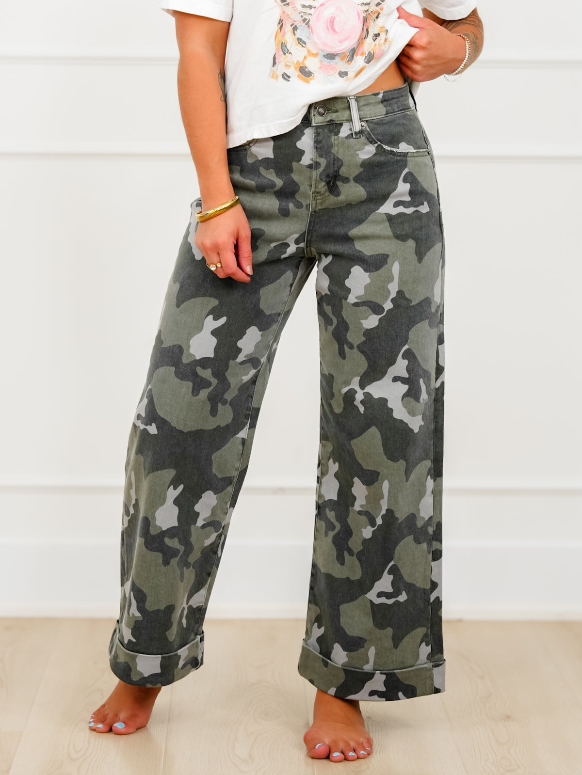 Mica High Rise Camo Wide Leg Cuffed Hem Jeans - Freckled Poppy