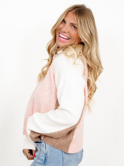 Half-Zip Mock Neck Long Sleeve Ribbed Color Block Sweater - Freckled Poppy