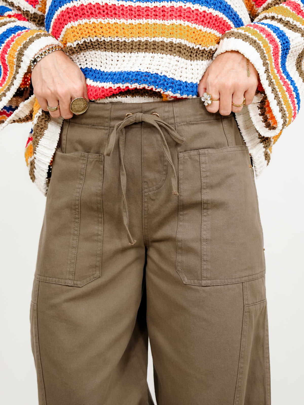 Olive Elastic Waist Barrel Leg Pants - Freckled Poppy
