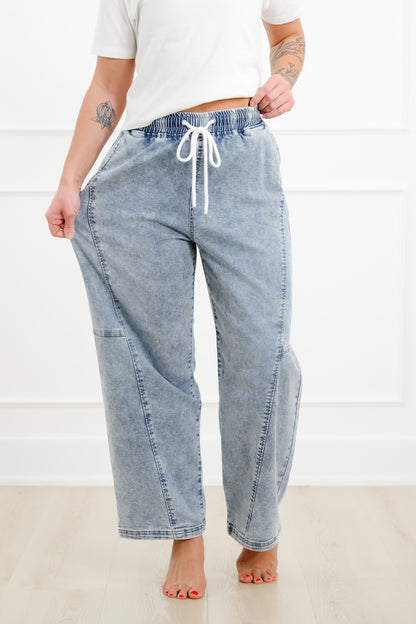Risen Mid Rise Light Wash Elastic Waistband Barrel Jeans with Front Seam - Freckled Poppy