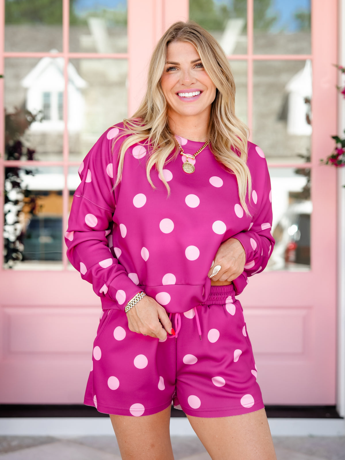 Plus/Reg Pink Polka Dot Long Sleeve Pullover Top and Shorts Set - Freckled Poppy
