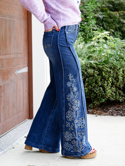 Saige High Rise Medium Wash Tummy Control Wide Leg Jeans With Eyelet Embroidery