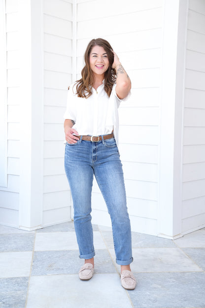 Judy Blue Work From Home Mid Rise Bleach Washed Boyfriends - Freckled Poppy