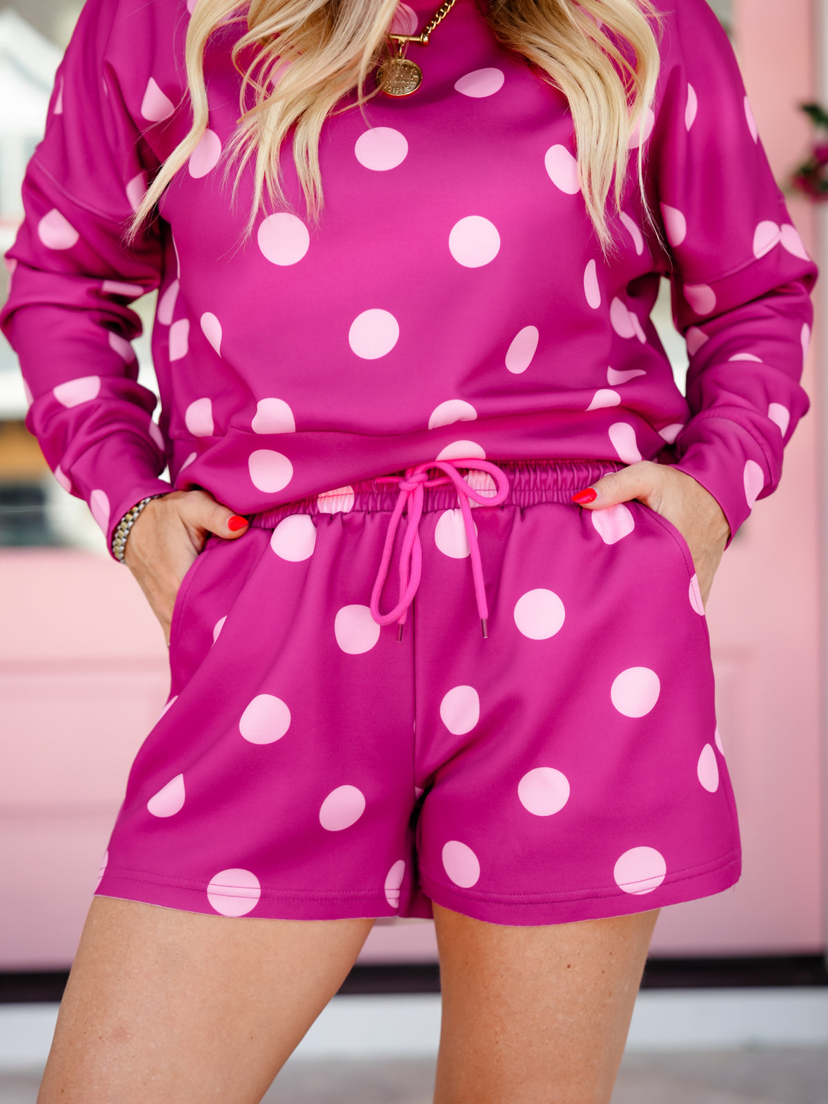 Plus/Reg Pink Polka Dot Long Sleeve Pullover Top and Shorts Set - Freckled Poppy