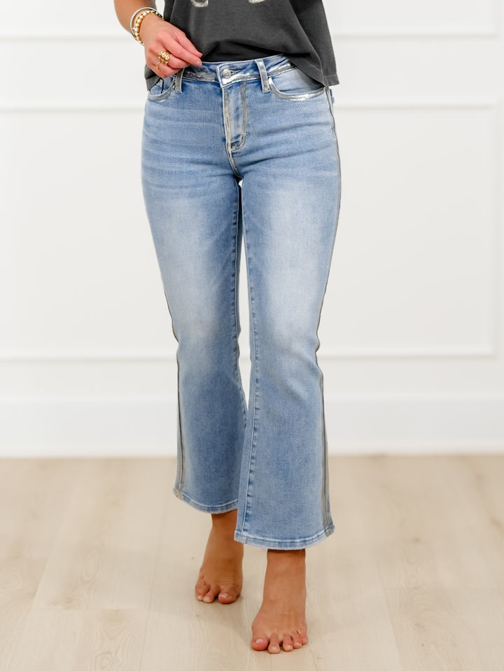 Judy Blue Mid Rise Light Wash Kick Flare Jeans with Foiled Seams - Freckled Poppy