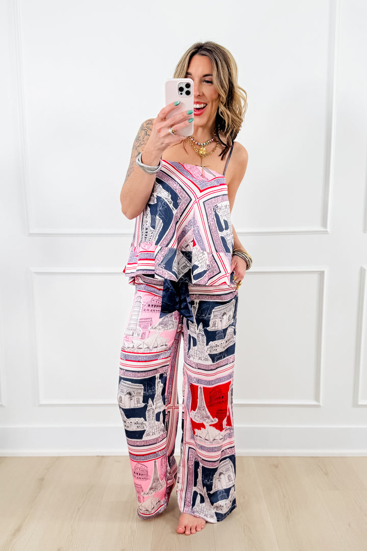 Destination Print Elastic Waistband Wide Leg Pants - Freckled Poppy