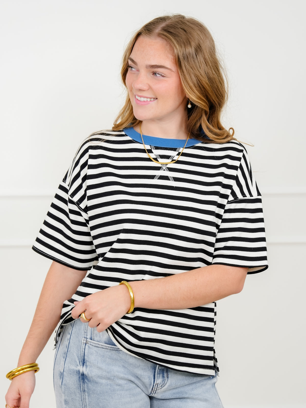 Plus/Reg Black Stripe Short Sleeve Knit Top - Freckled Poppy