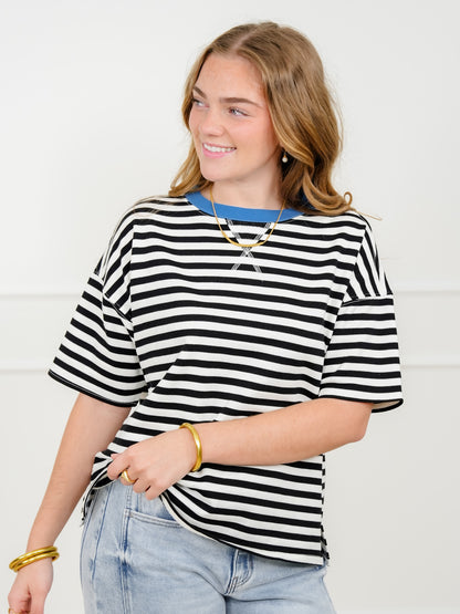 Plus/Reg Black Stripe Short Sleeve Knit Top - Freckled Poppy