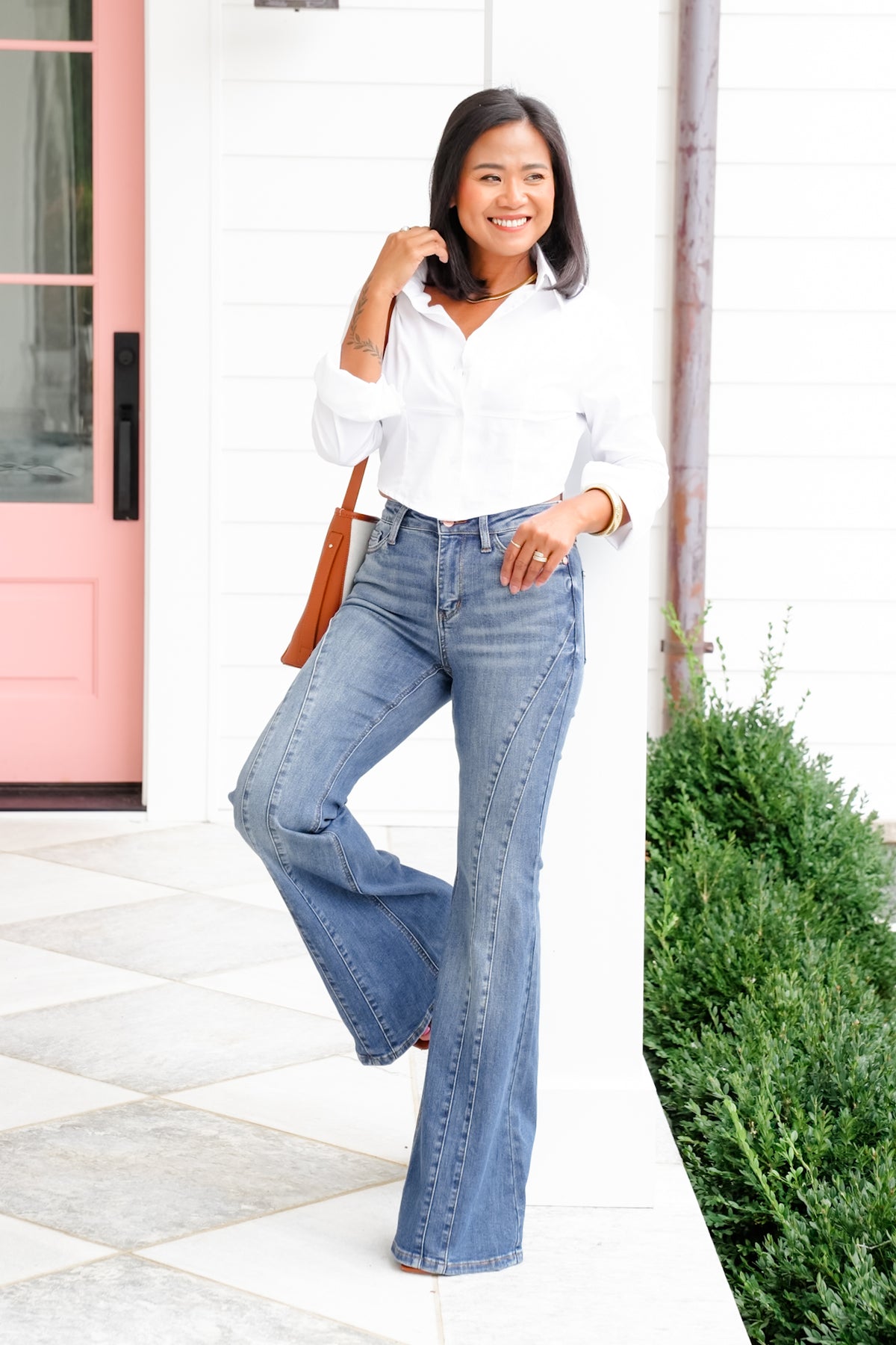 Restock! Judy Blue Golden Hour Mid Rise Flare Jeans with Double Angular Seam - Freckled Poppy