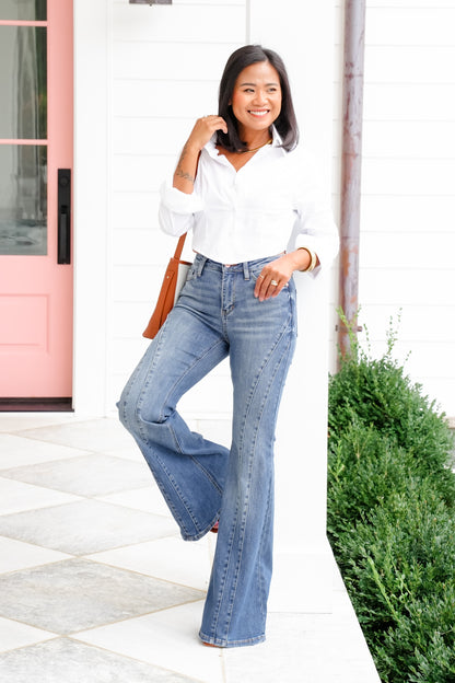 Restock! Judy Blue Golden Hour Mid Rise Flare Jeans with Double Angular Seam - Freckled Poppy