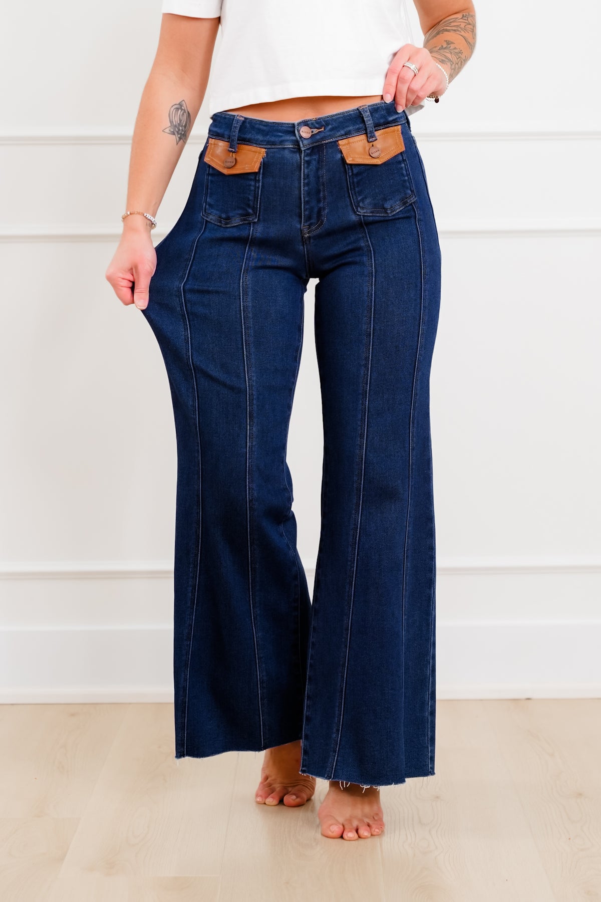 Risen High Rise Dark Wash Wide Flare Jeans with Leather Pocket Flap - Freckled Poppy