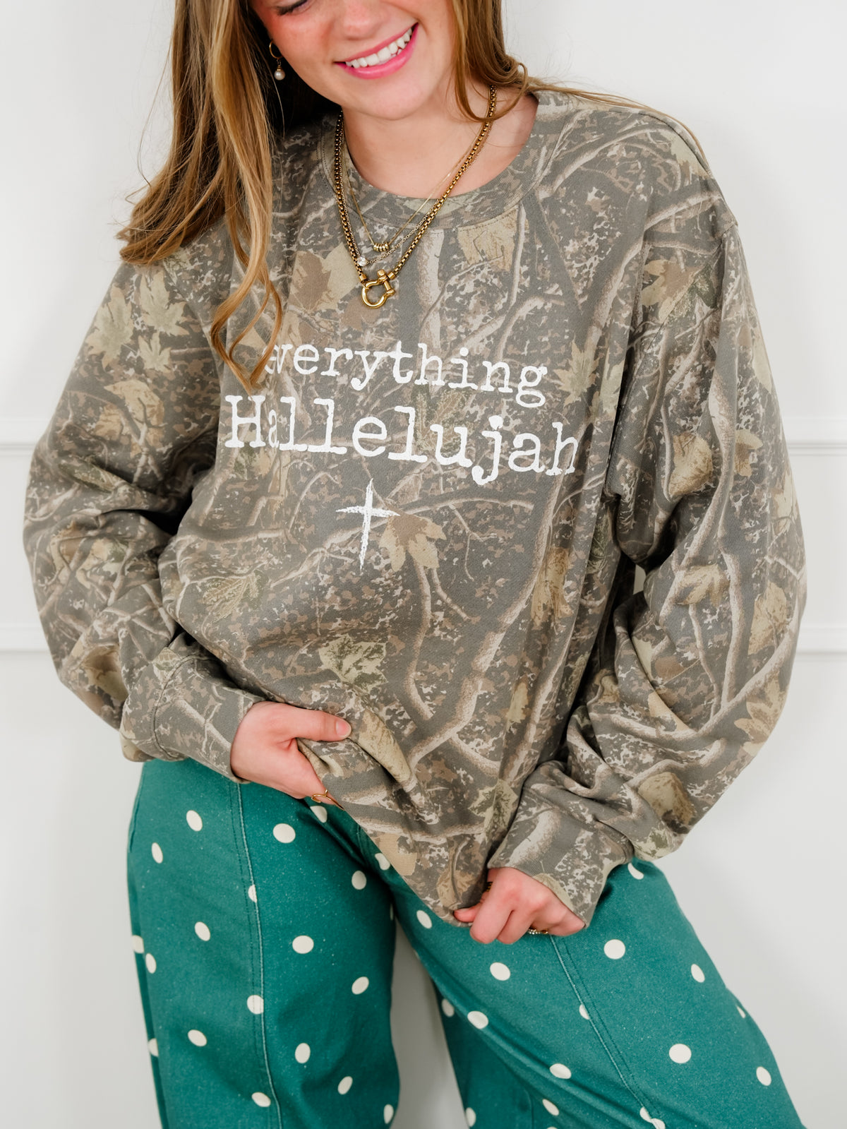 Plus/Reg Camo Long Sleeve "Everything Hallelujah" Graphic Sweatshirt - Freckled Poppy