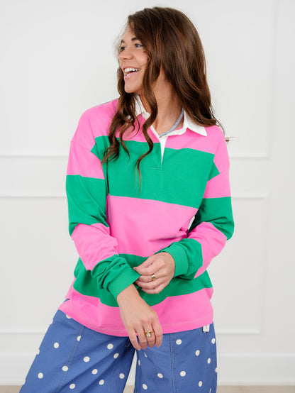 Plus/Reg Stripe Color Block Long Sleeve Rugby Shirt - Freckled Poppy