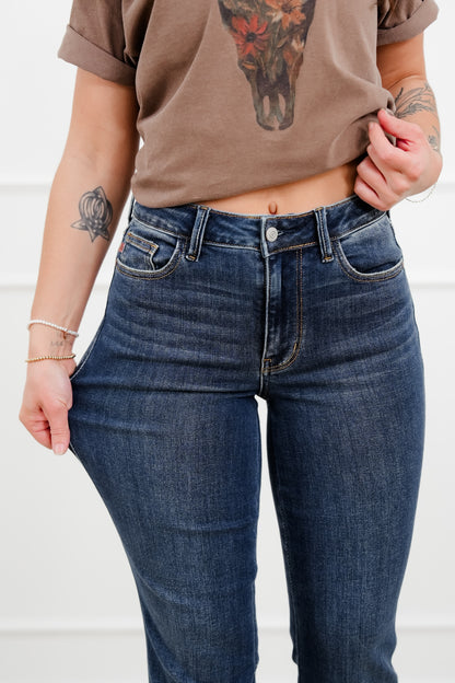 Judy Blue Mid Rise Dark Wash Bootcut Jeans with Slit and Cell Phone Pocket - Freckled Poppy