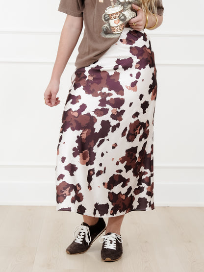 Plus/Reg Satin Cow Print Midi Skirt - Freckled Poppy