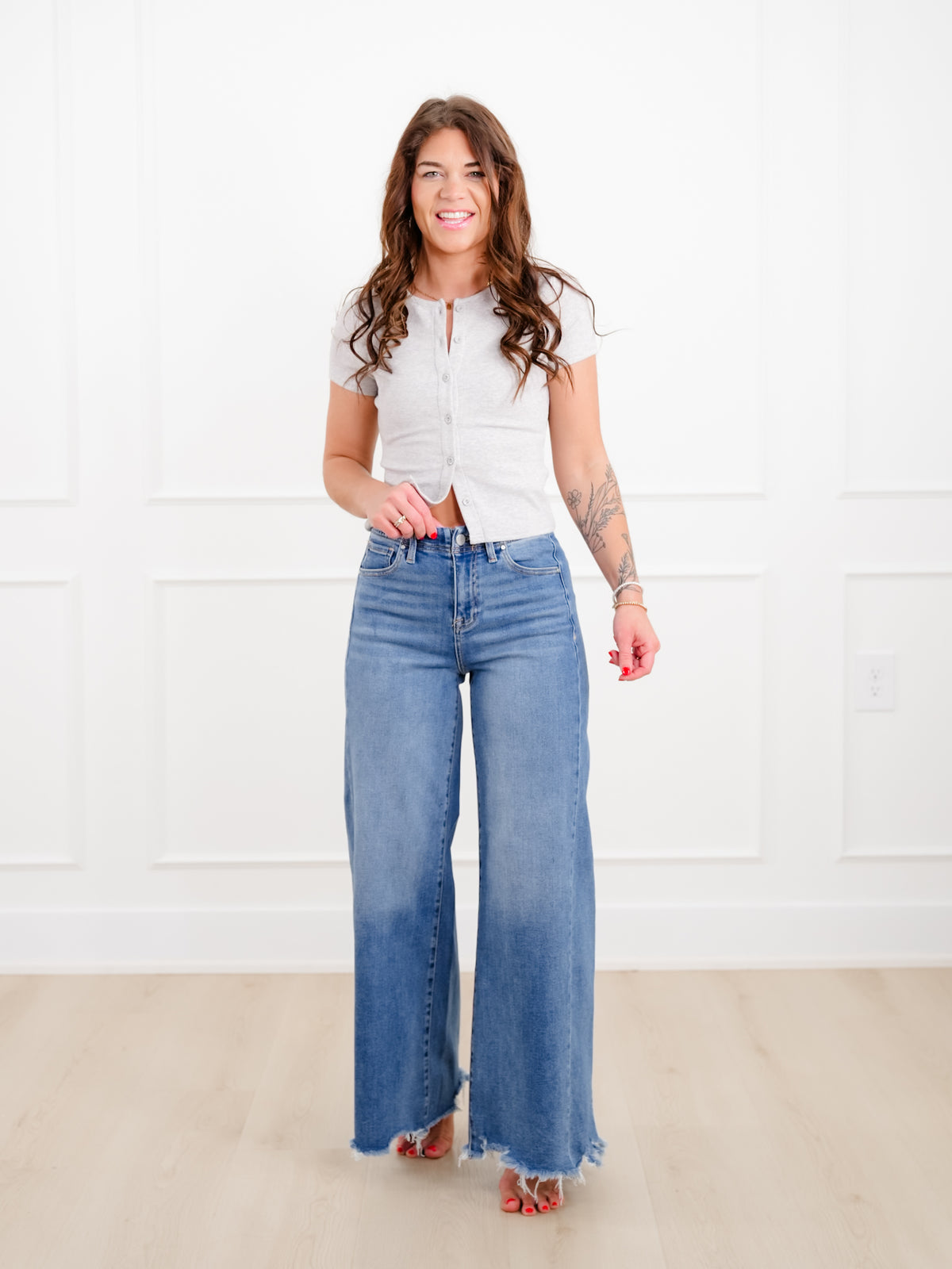 Risen High Rise Medium Wash Wide Leg Jeans - Freckled Poppy