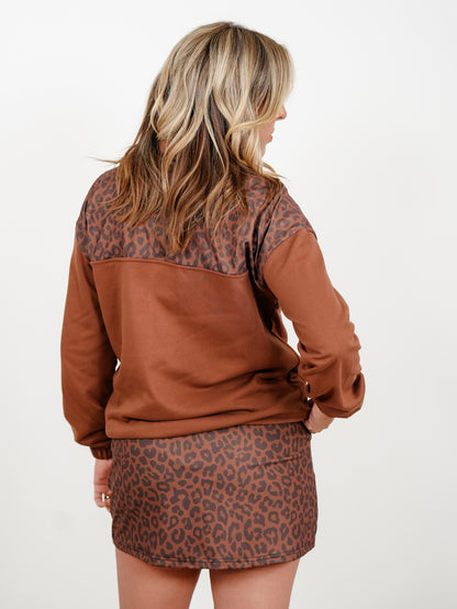 Plus/Reg Leopard Print Long Sleeve 1/4 Zip Pullover Top - Freckled Poppy