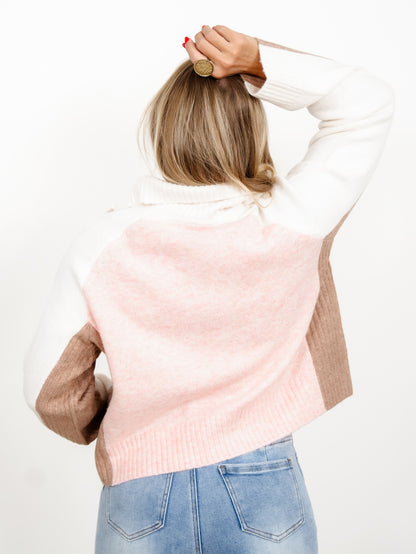 Half-Zip Mock Neck Long Sleeve Ribbed Color Block Sweater - Freckled Poppy