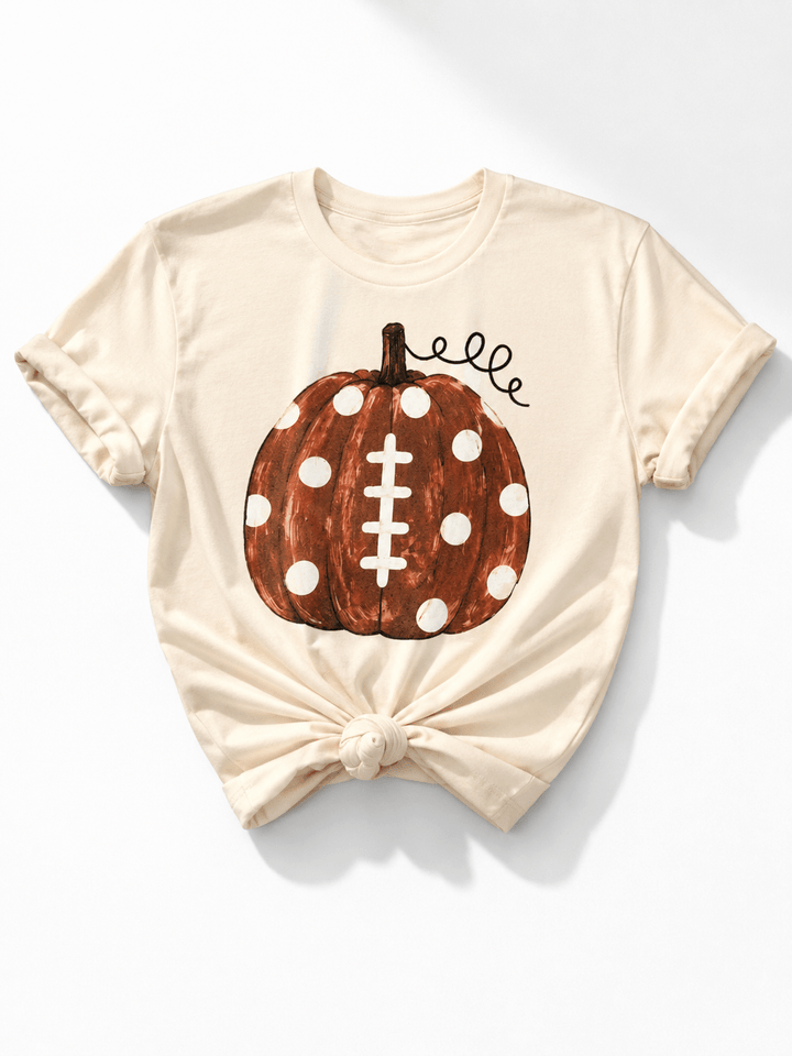 Plus/Reg Short Sleeve Whimsical Football Pumpkin Graphic Tee - Freckled Poppy