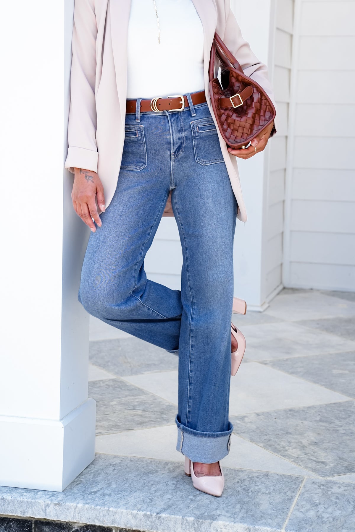 Risen High Rise Medium Wash Wide Leg Cuffed Front Patch Pocket Jeans with Elastic Waistband - Freckled Poppy