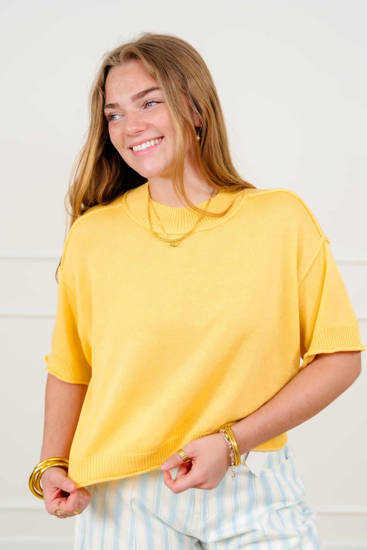 Short Sleeve Sweater with Reverse Seams - Freckled Poppy