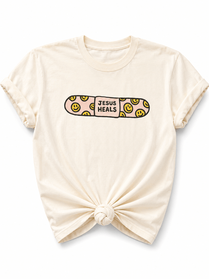 Plus/Reg Short Sleeve "Jesus Heals" Graphic Tee - Freckled Poppy
