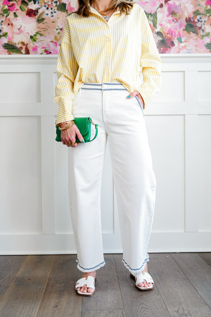 Risen High Rise Cream Tummy Control Embroidered Barrel Jeans - Freckled Poppy