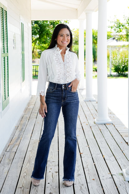 Restock! Judy Blue Feeling Fine Dark Wash High Rise Non Distressed Vintage Frayed Hem Bootcut Jeans - Freckled Poppy