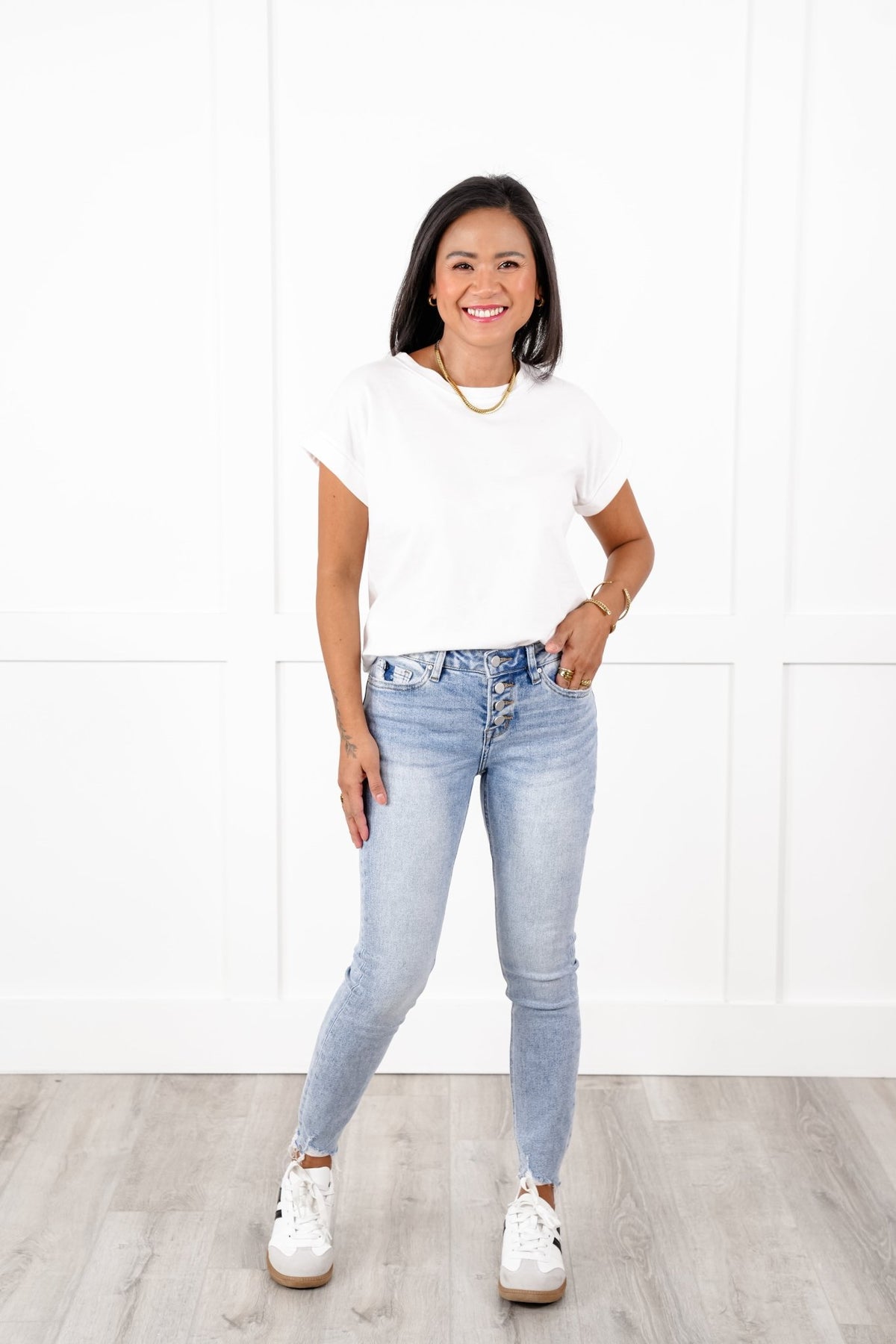 Restock! Mica Mid Rise Light Wash Button Fly Cropped Skinny Jeans