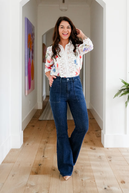Judy Blue High Rise Dark Wash Flare Jeans with Patch Pockets - Freckled Poppy