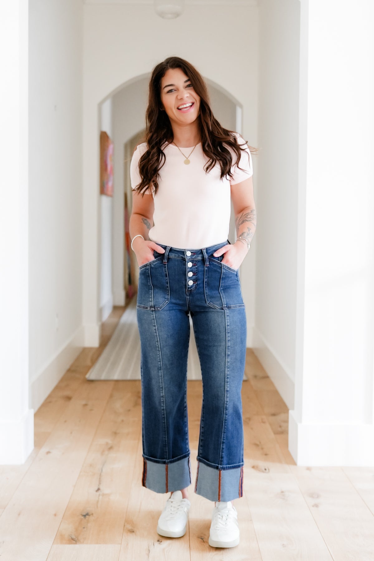 Risen Multi Inseam High Rise Dark Wash Cropped Wide Cuffed Straight Leg Jeans - Freckled Poppy