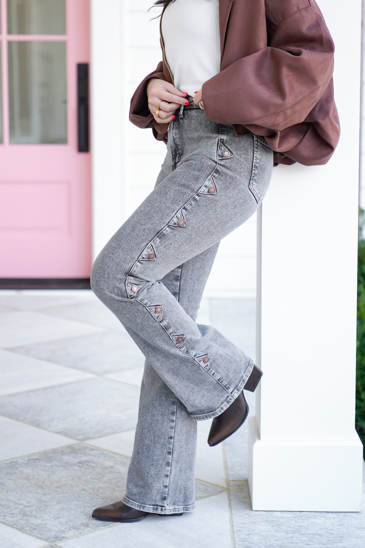 Judy Blue High Rise Grey Tummy Control Bootcut Jeans with Western Side Seam - Freckled Poppy