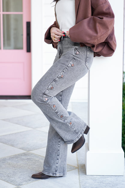 Judy Blue High Rise Grey Tummy Control Bootcut Jeans with Western Side Seam - Freckled Poppy