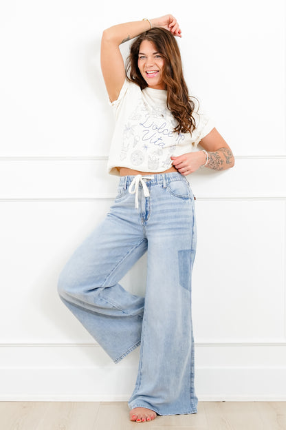 Judy Blue High Rise Light Wash Elastic Waistband Featherweight Palazzo Jeans with Shadow Pockets - Freckled Poppy