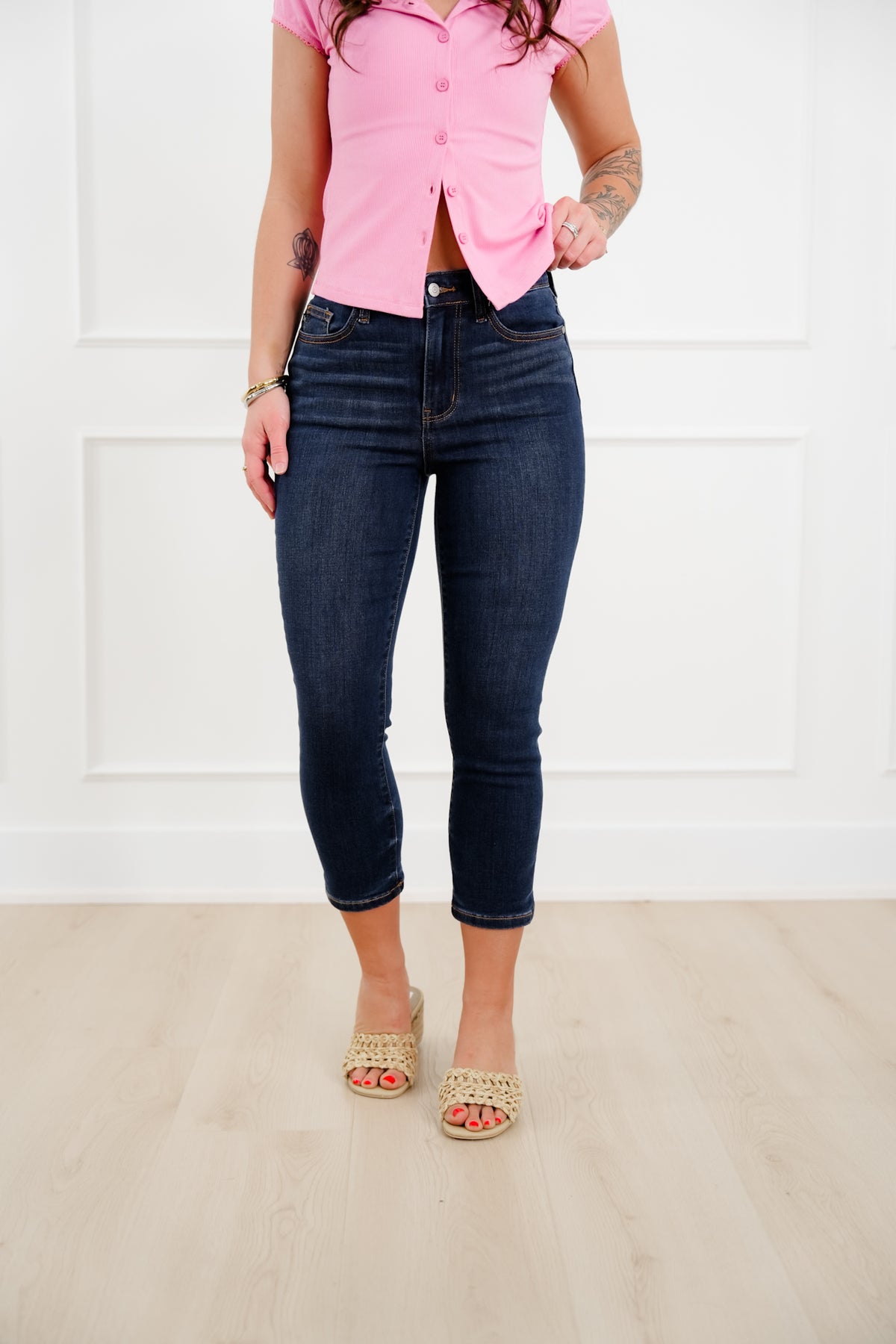 Judy Blue High Rise Dark Wash Cuffed Capri - Freckled Poppy