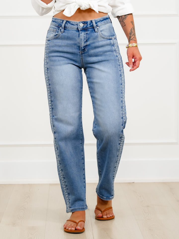 Risen High Rise Medium Wash Barrel Jeans with Embroidered Side Accents - Freckled Poppy