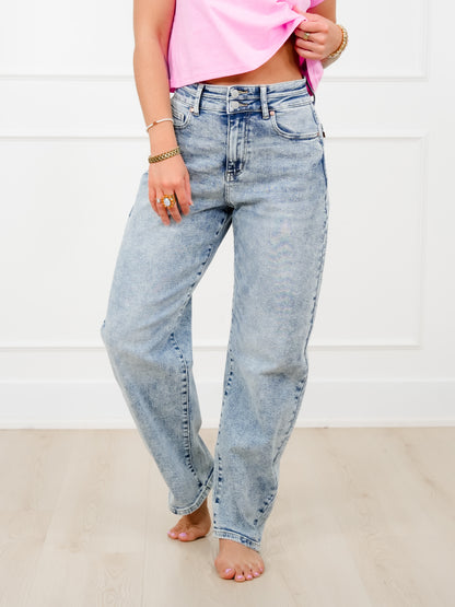 Judy Blue High Rise Light Wash Double Waist Band Marlow Arc Leg - Freckled Poppy