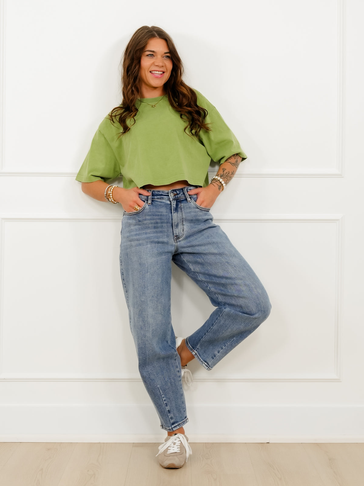 Judy Blue High Rise Medium Wash Barrel Jeans with Front Darts - Freckled Poppy