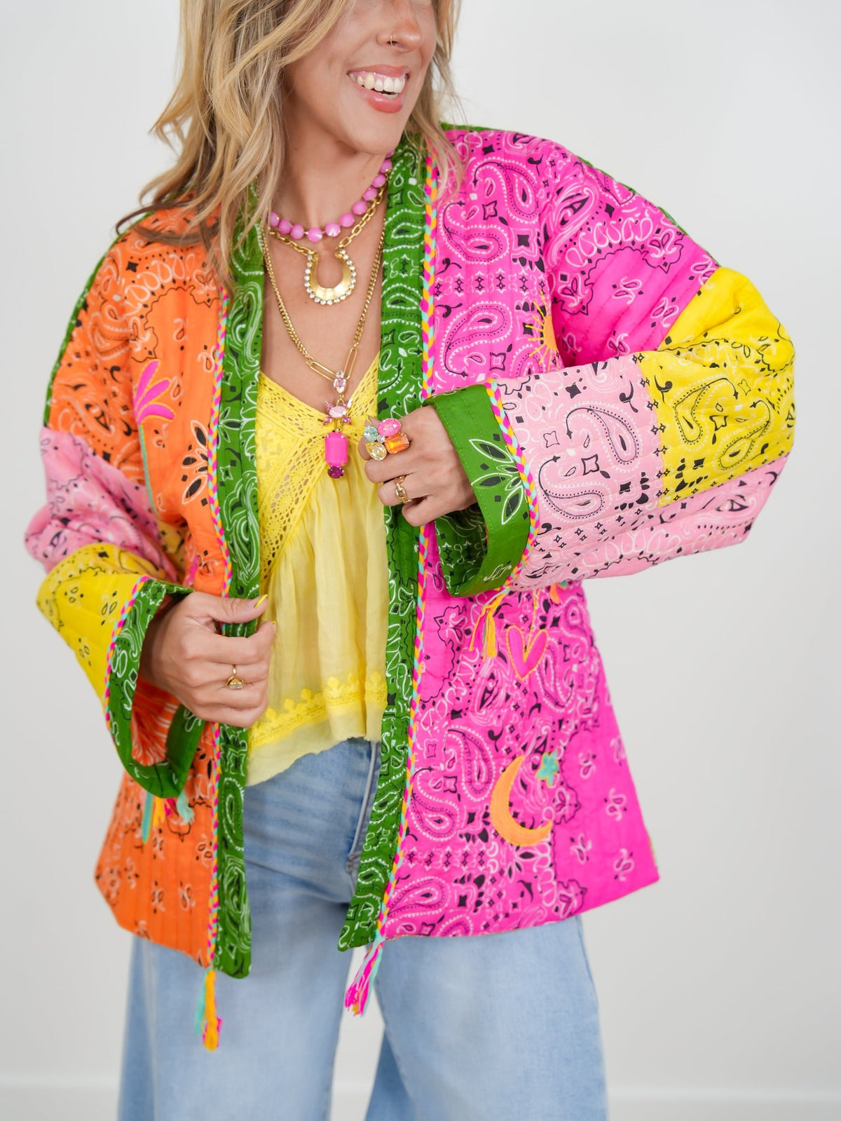 POL Quilted Patchwork Print Long Sleeve Kimono Jacket - Freckled Poppy