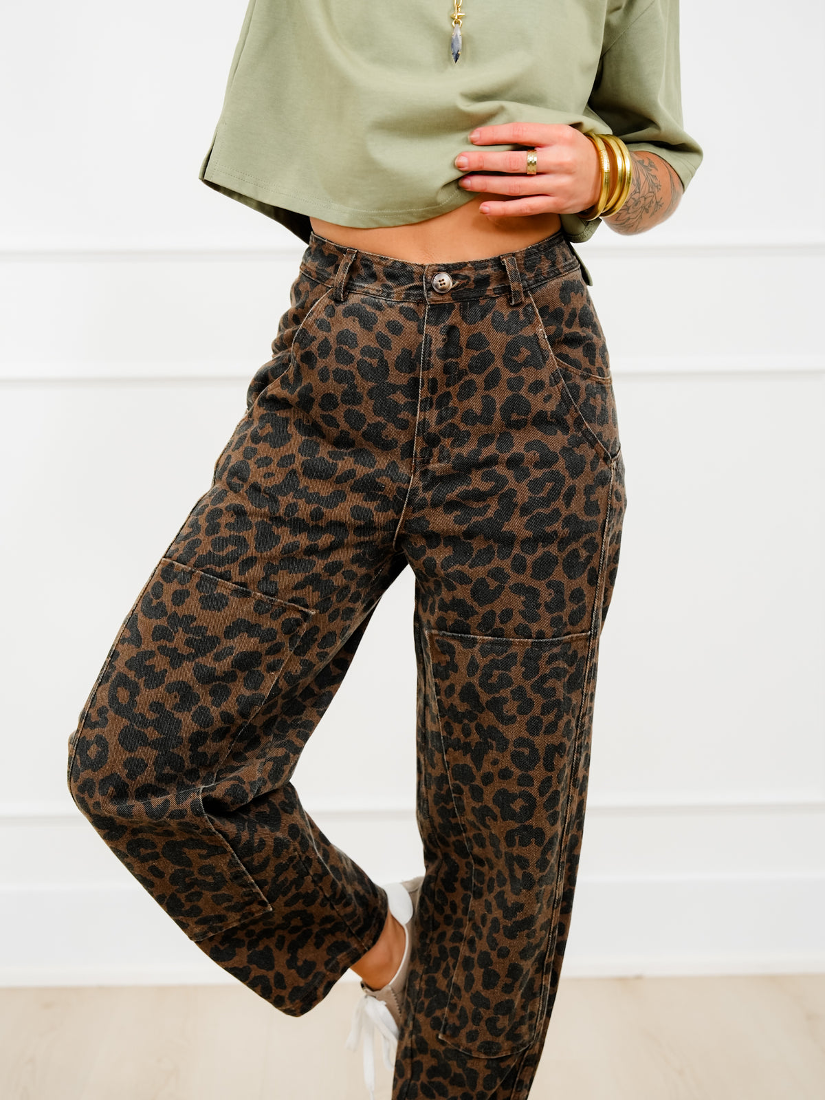 Leopard Print Twill Mid Rise Barrel Pants - Freckled Poppy