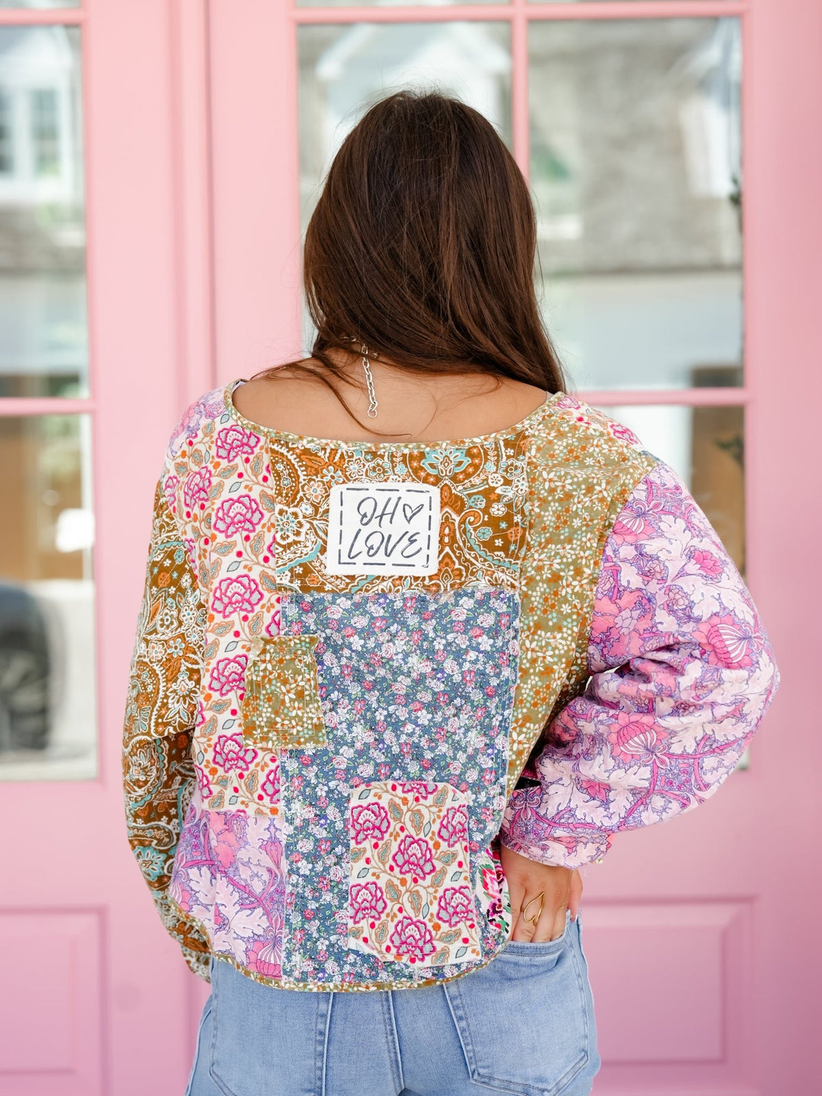 Patchwork Print Long Sleeve Tie Front Top - Freckled Poppy