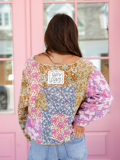 Patchwork Print Long Sleeve Tie Front Top - Freckled Poppy