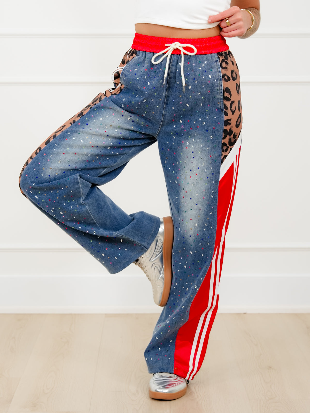 Plus/Reg Rhinestone Elastic Waist Denim Track Pants - Freckled Poppy