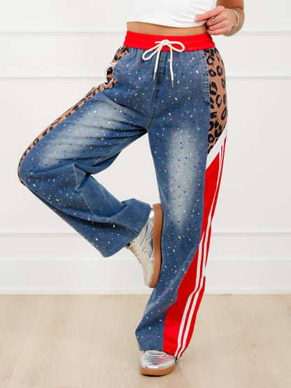 Plus/Reg Rhinestone Elastic Waist Denim Track Pants - Freckled Poppy