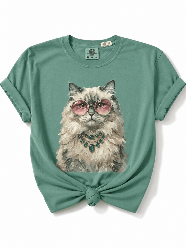 Plus/Reg Short Sleeve Glam Cat Graphic Tee - Freckled Poppy